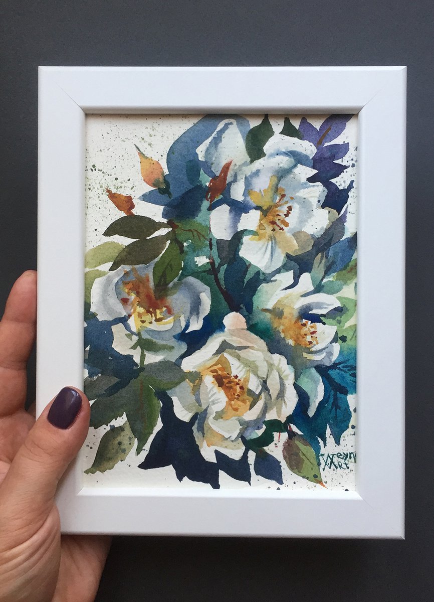 White rosehip, a miniature painting of flowers. by Natalia Veyner