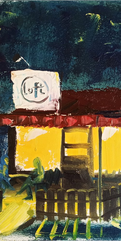 Cafe in the city at the Night. Plein Air Painting by Dmitry Fedorov