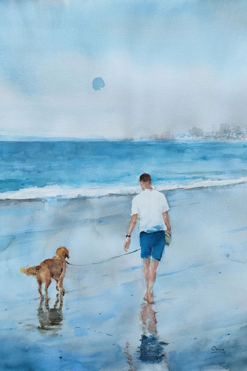 Impressionistic Landscape Watercolour By Oscar Alvarez Pardo, 22 X 30", H-Beach 2, Original Artwork