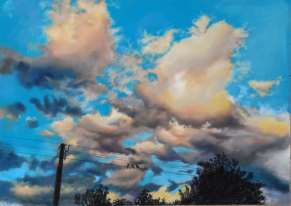Photorealistic Landscape Pastel Drawing By Laura Muolo, 28 X 20", An Happy Company - Sky Study N.4, Original Artwork