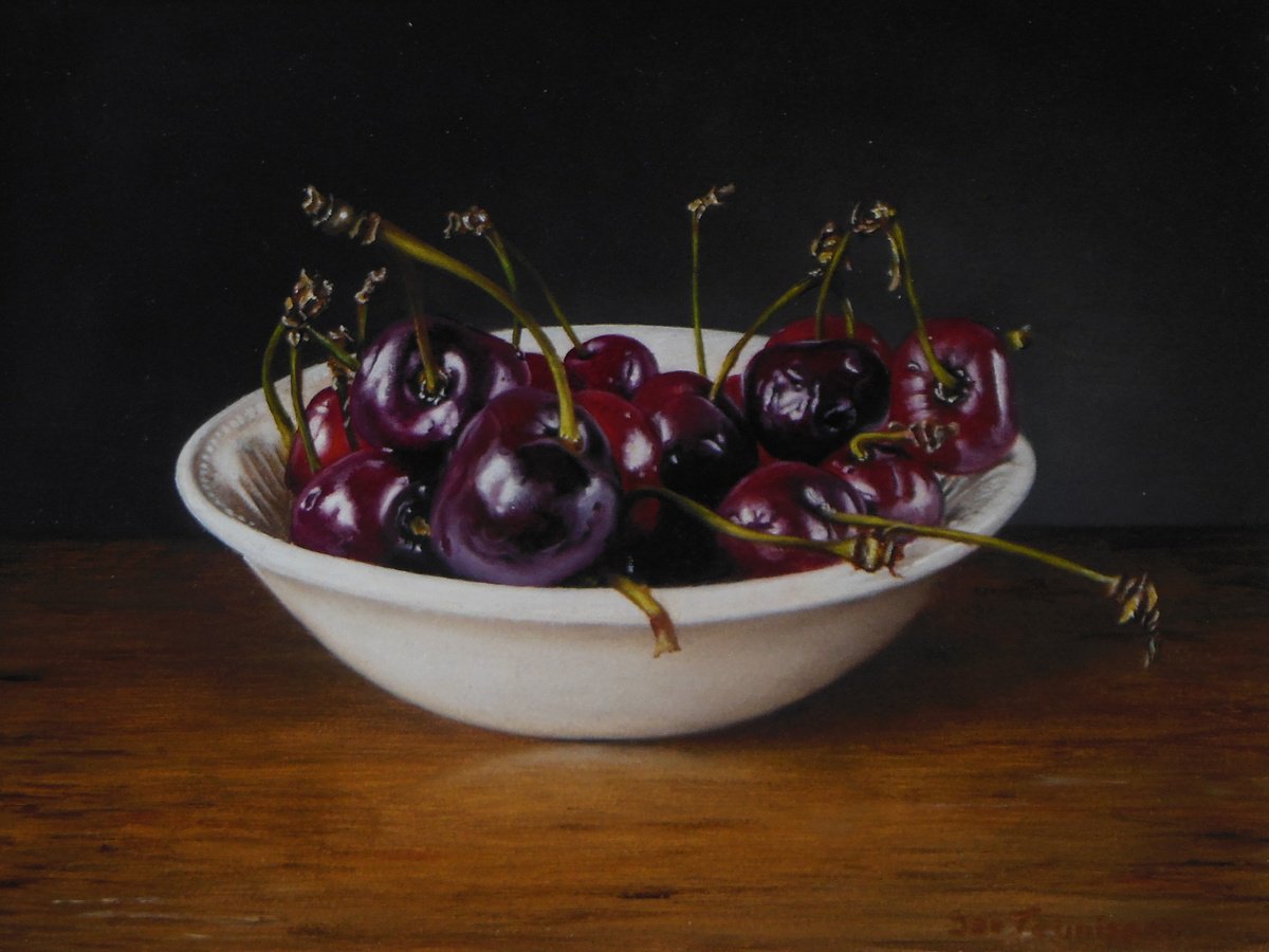Cherries in white bowl by Jan Teunissen
