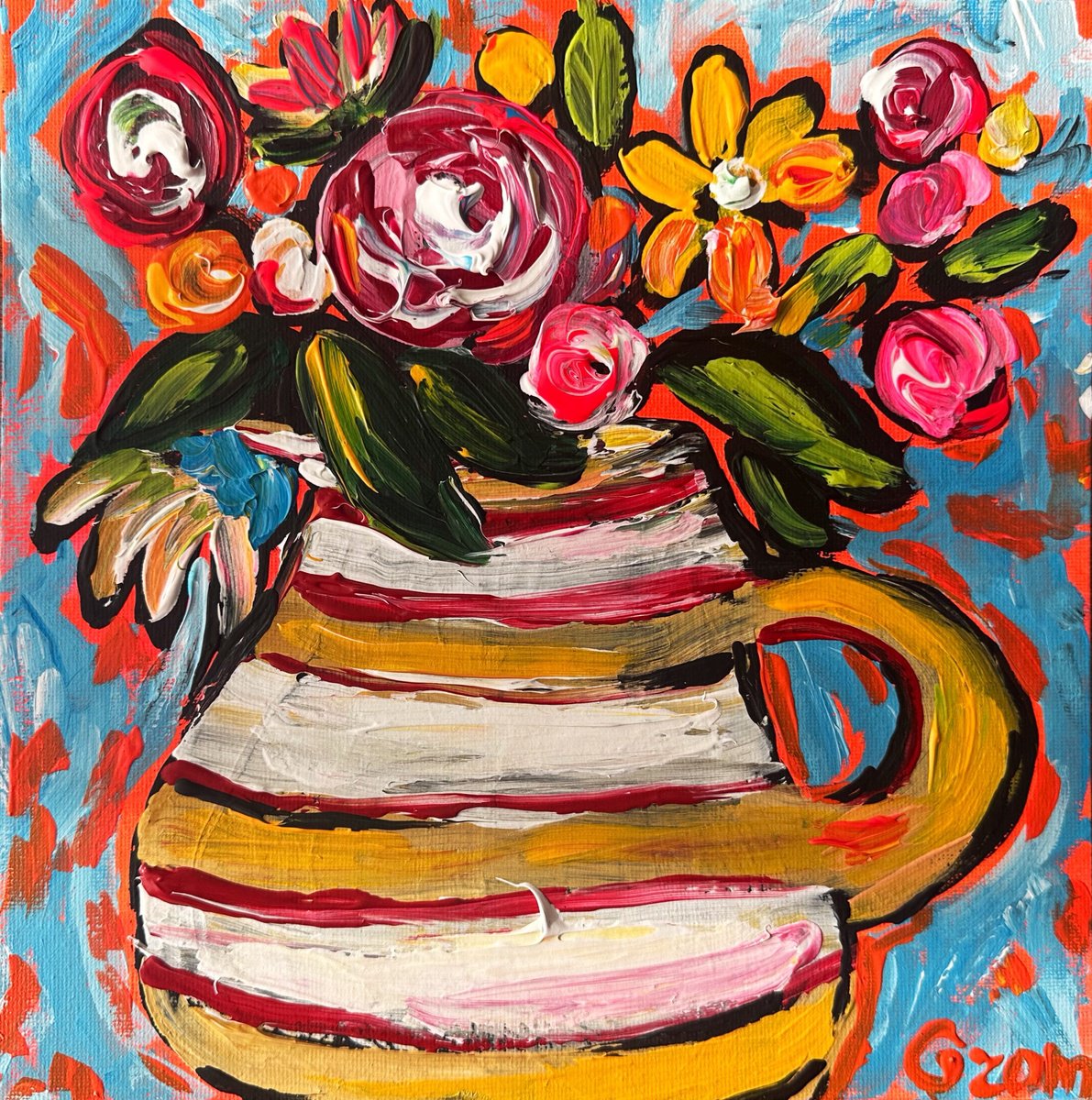 Impressionistic Botanical Acrylic Painting By Oksana Fedorova, 10 X 10", Pot And Bright Flowers, Original Artwork