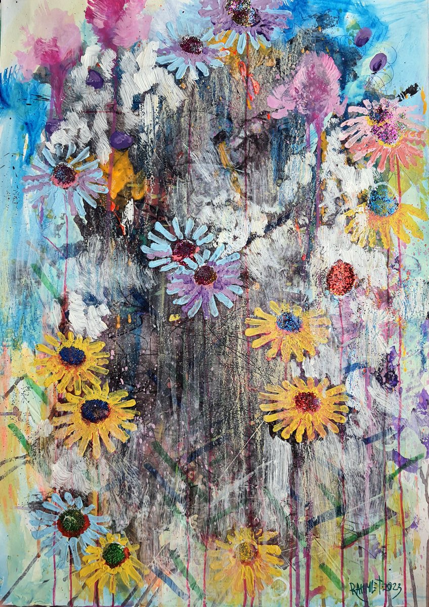 Impressionistic Botanical Acrylic Painting By Rakhmet Redzhepov, 17 X 23", Fantasy With Flowers 72, Original Artwork