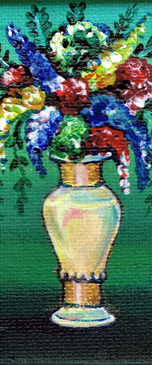 Flowers in white golden vase, original acrylic miniature painting, still life N2 by Diana Aleksanian