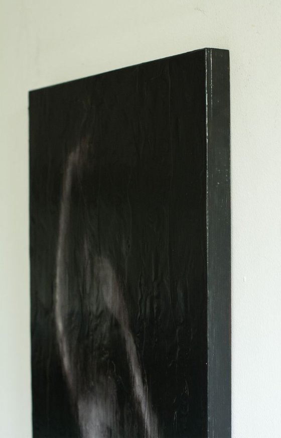 "Lady in dark" (80x35x2,5cm) - Unique portrait artwork on wood (abstract, portrait, gouache, original, painting, coffee, acrylic, oil, watercolor, encaustics, beeswax, resin, wood, fingerpaint)