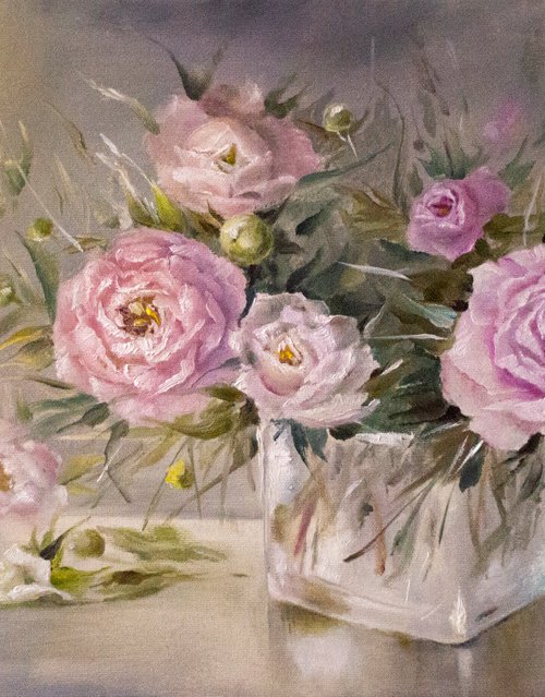 "Delicate Peonies" Original, oil painting on canvas, for landscape wall hanging. by Tetiana Tiplova
