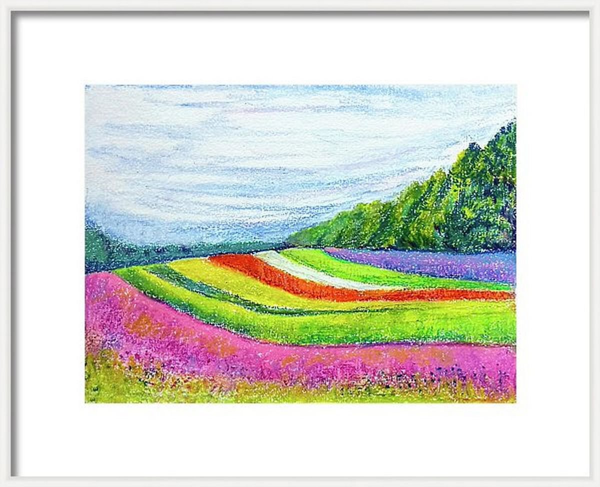 Flower beds Landscape Oil pastels on paper 11x 15 by Asha Shenoy