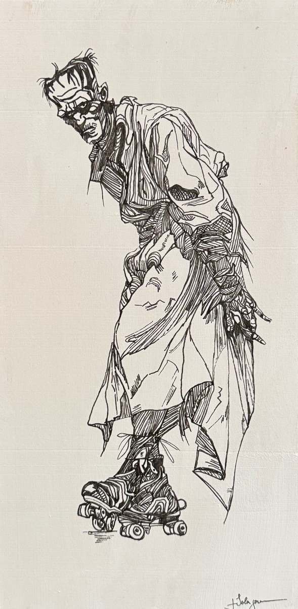 Illustrative Portrait Ink Drawing By Lola Jovan, 6 X 12", Roller Skates, Original Artwork