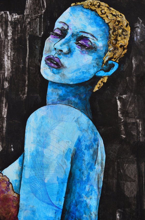 Blue Girl - Vibrations Mixed Media Original Romantic Modern Portrait Art Painting