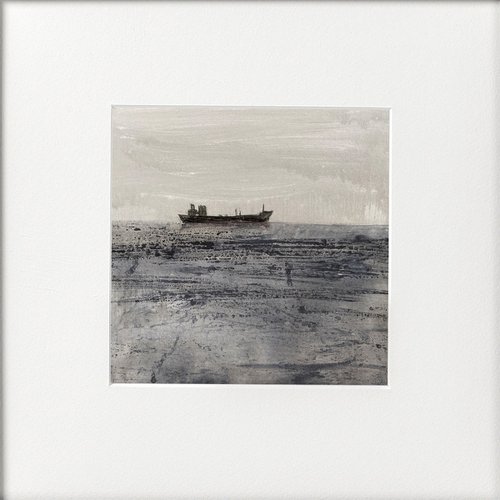 Grey day at sea lone boat by Teresa Tanner