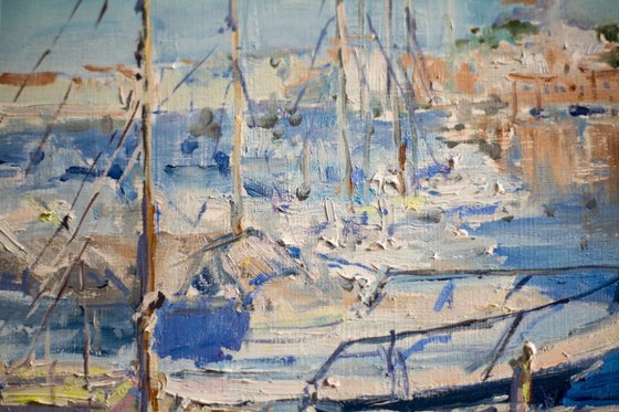 Marseille. Original oil painting. Small size france harbor sea blue seascape boats yacht nature travel summer reflection trip decor impressionism impressionistic detail city provence