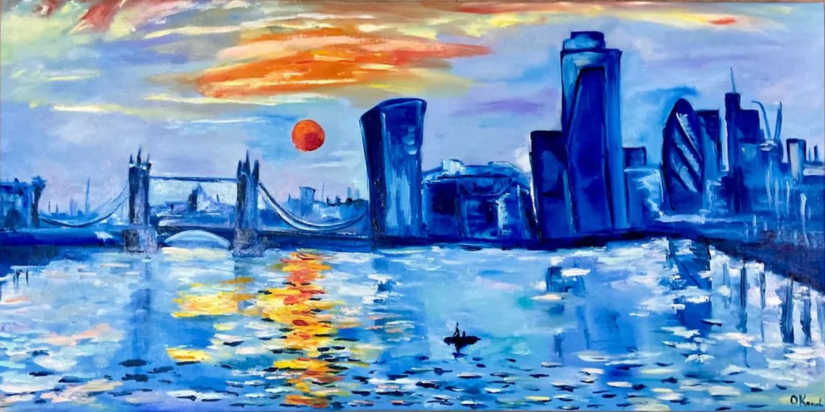 Expressive Landscape Oil Painting By Olga Koval, 47 X 24", London City And Blue Colours, Original Artwork