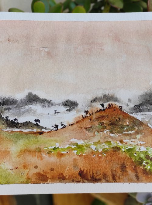 Sapa Vietnam Foggy Countryside Landscape Painting with mountains Original Watercolor Painting by Dawna Mae Mangeart
