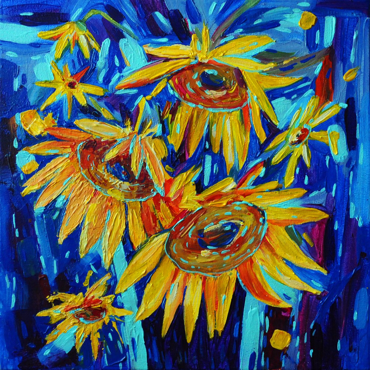 Sunflowers in vase acrylic painting by Liubov Kvashnina
