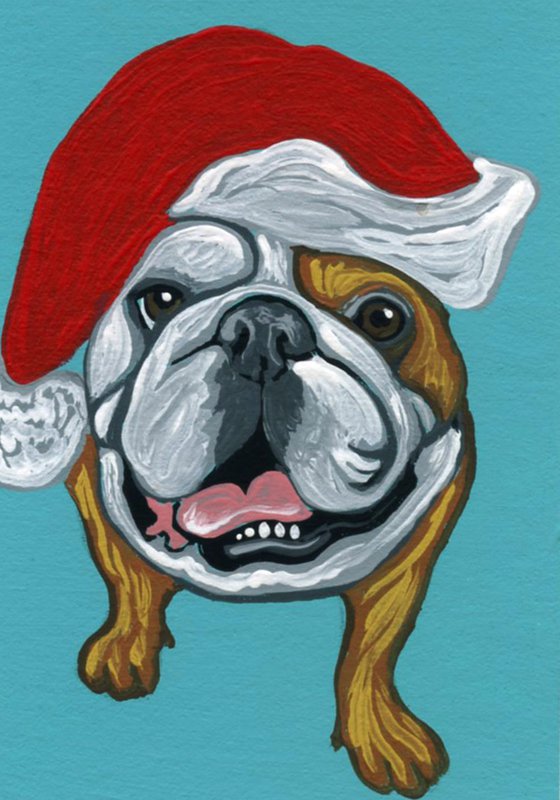 ACEO ATC Original Painting Christmas English Bulldog Pet Dog Art-Carla Smale