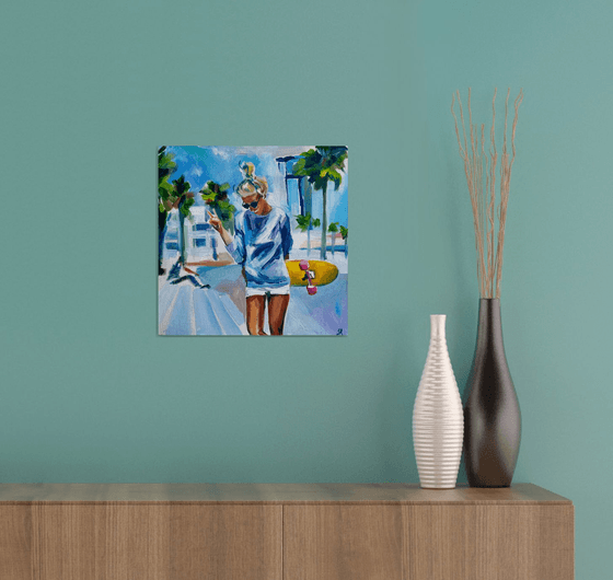 Summer Vibes - oil painting, original gift, summer, palm trees, skate, girl, city, blonde, office decor, home interior, wall art