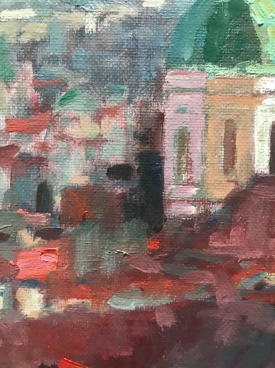 Original Oil Painting Wall Art Artwork Signed Hand Made Jixiang Dong Canvas 25cm × 30cm Red Roof Prague small building Impressionism