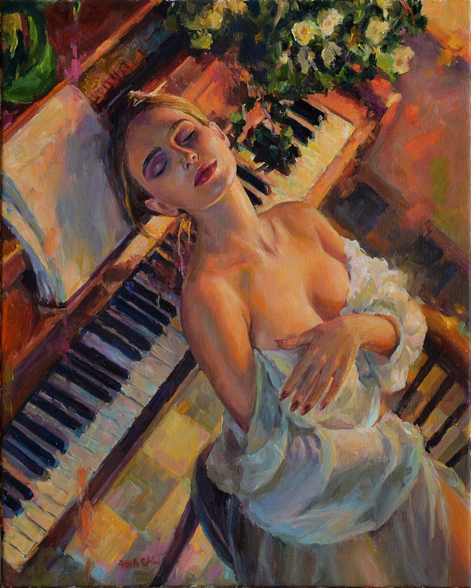 Impressionistic Portrait Oil Painting By Vachagan Manukyan, 16 X 20", Piano Player #8, Original Artwork