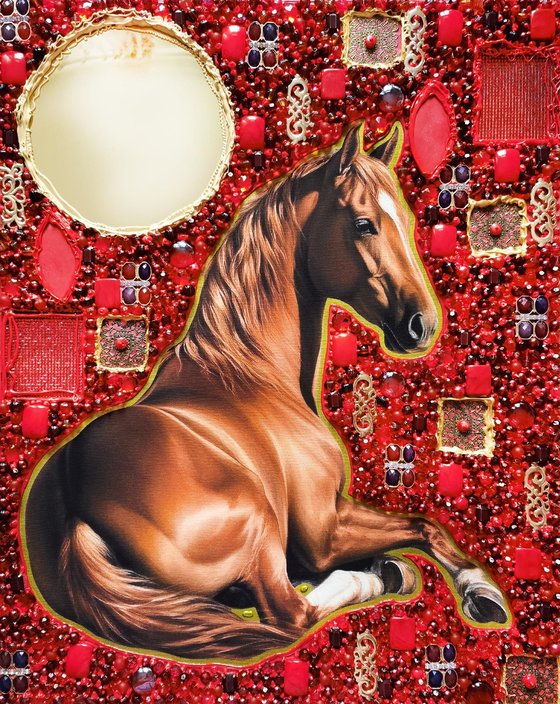 Ginger brown horse. Red coral artwork