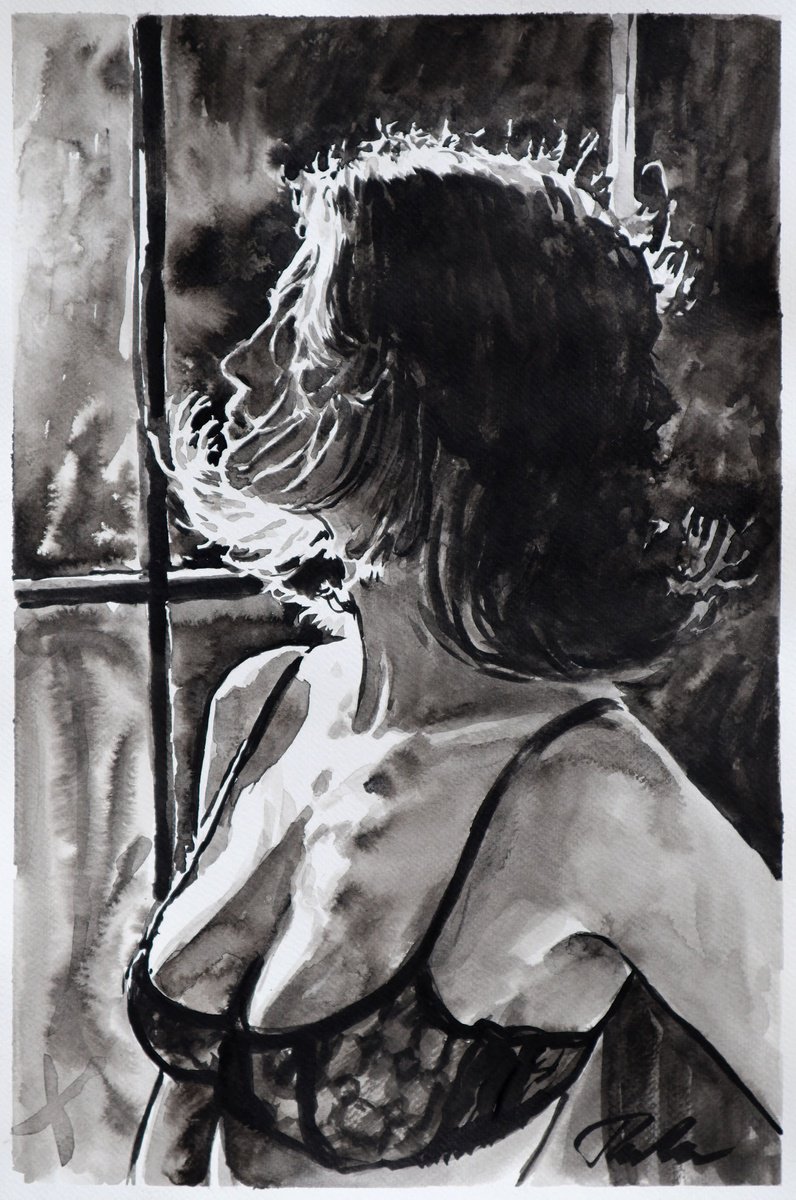 Urban And Pop Portrait Ink Drawing By Tashe, 12 X 18", Hold Me, Original Artwork