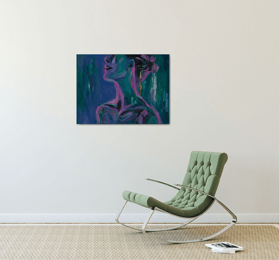 Сontemporary large nude woman portrait in purple and pink