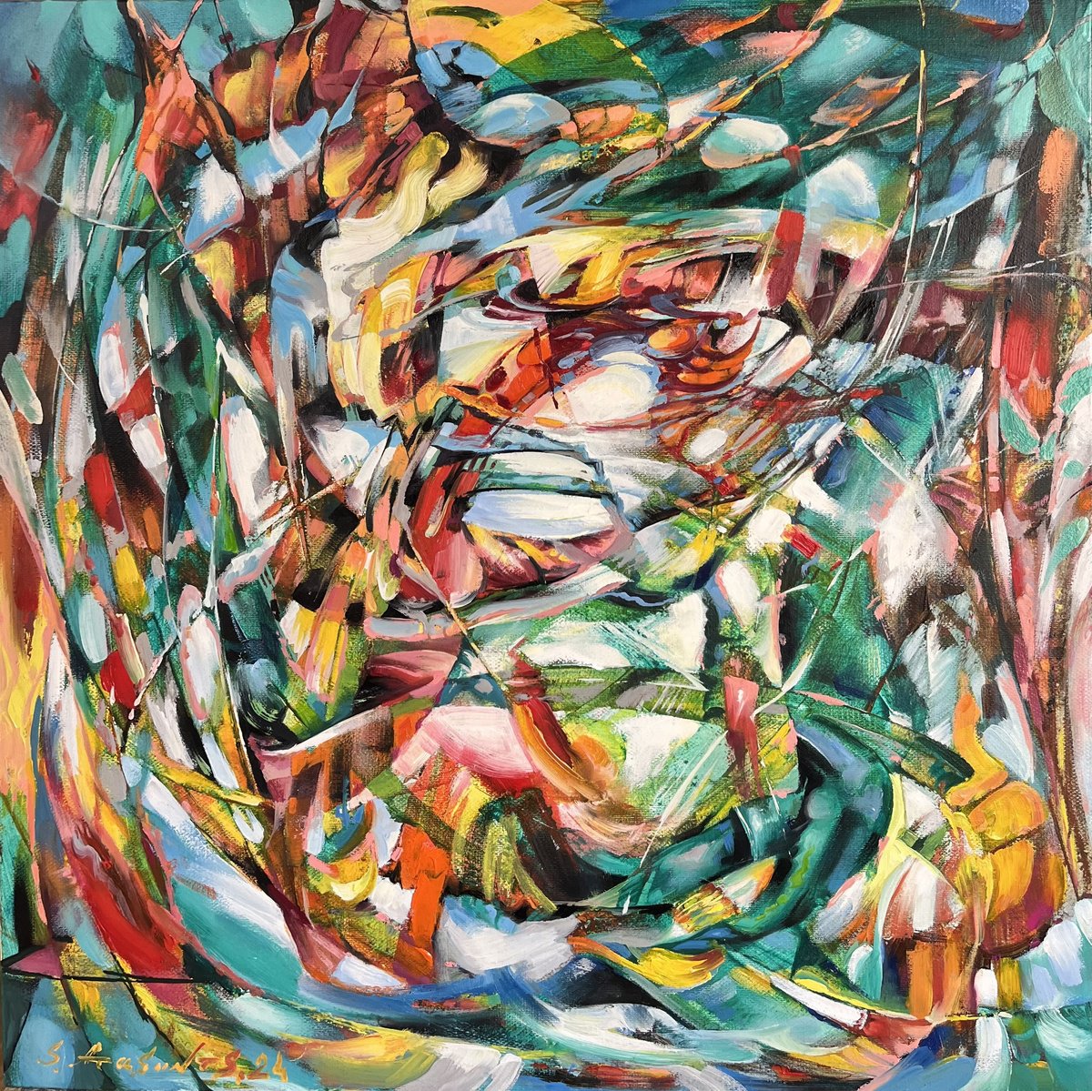 Expressive Abstract Oil Painting By Samvel Atasunc, 20 X 20", Abstract Symphony, Original Artwork