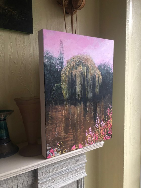 'The Elsham Willow II' Summer Peaceful Tree Reflections in Lake Impressionist Style Oil Painting