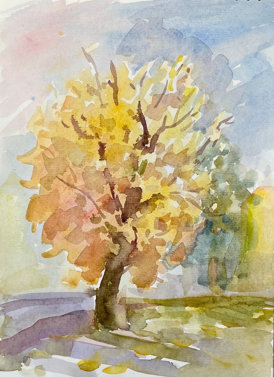 Indian summer golden tree, original watercolour artwork by Roman Sergienko