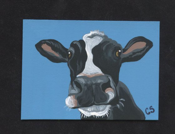 ACEO ATC Original Painting Black White Cow Farmyard Art-Carla Smale