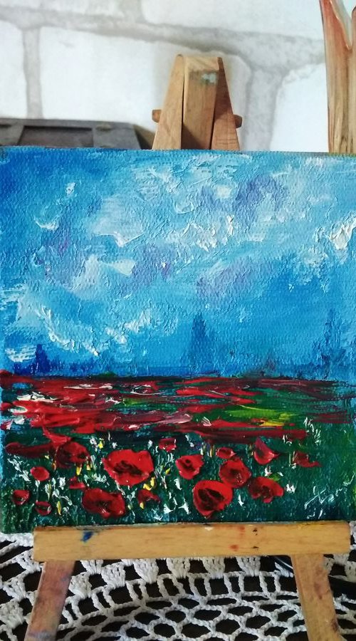 Flowering Landscape with poppies miniature painting by Oksana Fedorova
