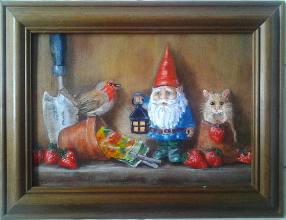 Bird, Gnome and Mouse in a Garden Shed