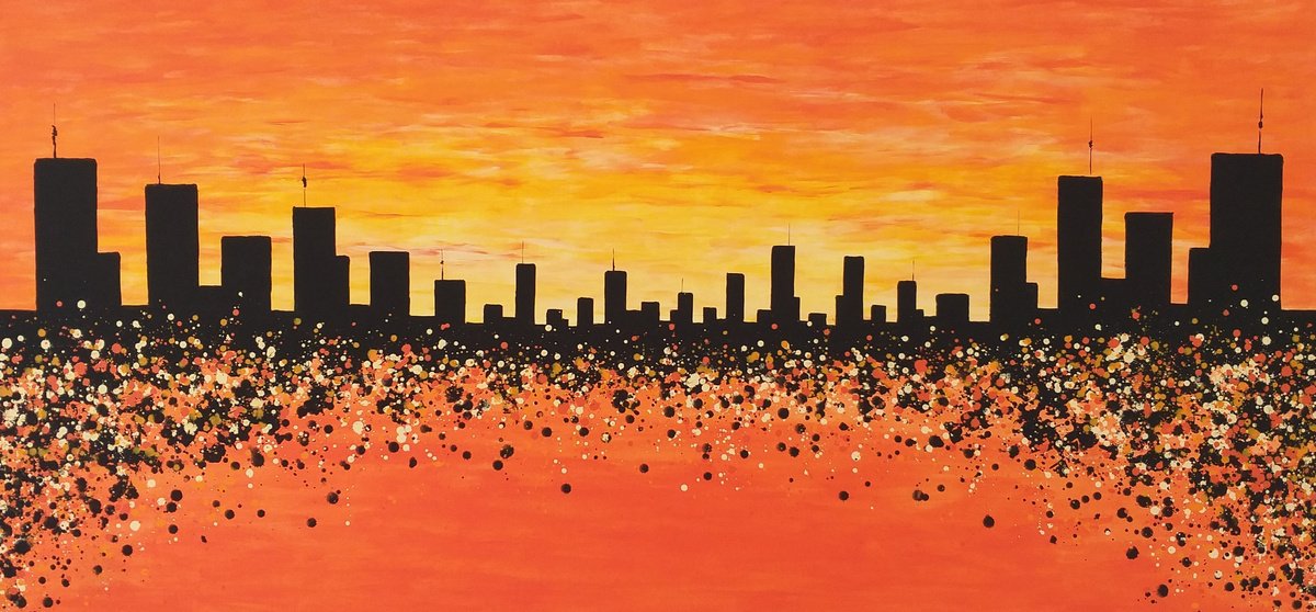 Abstract Acrylic Painting By Max Yaskin, 84 X 42", Sunset In New York 2 By M.y., Original Artwork