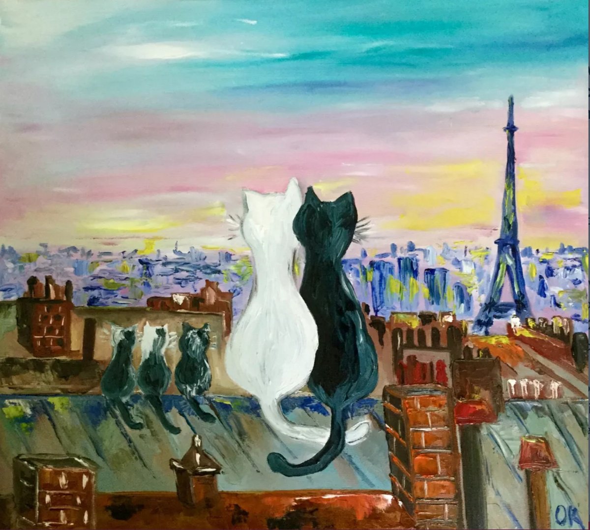 Impressionistic Landscape Oil Painting By Olga Koval, 20 X 18", Cats In Paris., Original Artwork