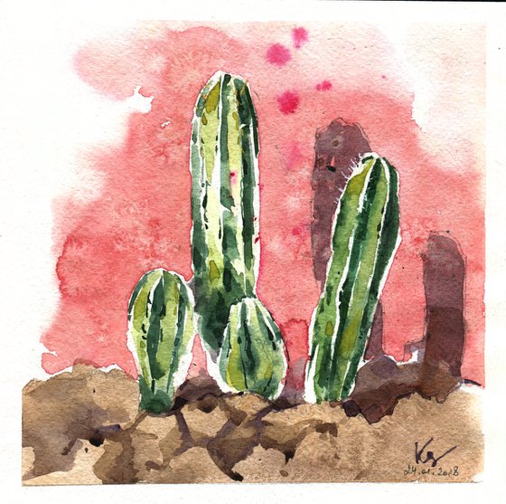 Watercolor sketch "Cacti against a bright wall" original illustration
