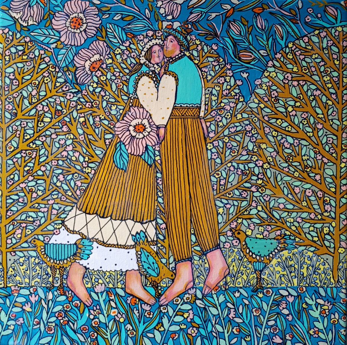 Naive Portrait Acrylic Painting By Tetiana Osadchuk, 12 X 12", Sky In Flowers, Original Artwork