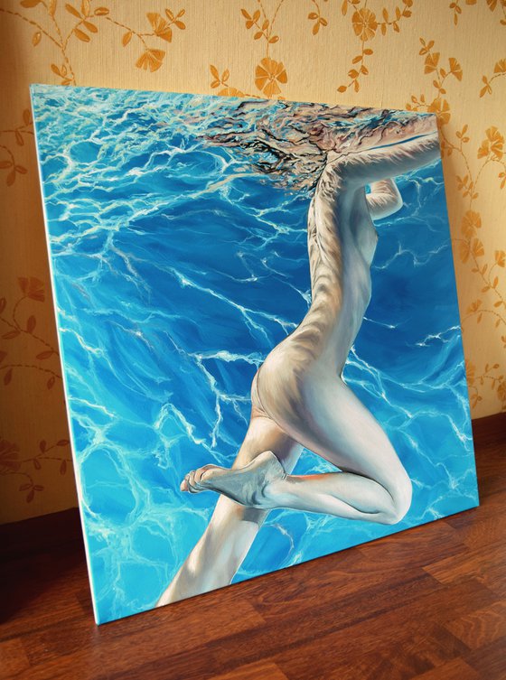 "Underwater" 80 x 80 cm / woman in pool, photorealism, water, summer, realistic, swimmer