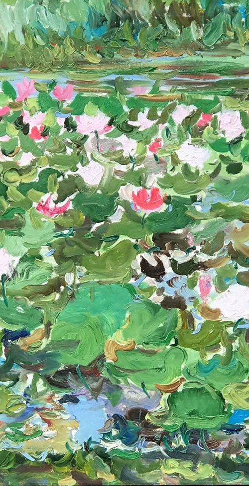 NOON ON THE LAKE, LOTUS - Water lilies, floral landscape,  waterscape, original oil painting, plein air by Karakhan