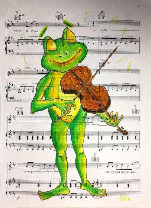 The frog loves music oil pastel by Jing Tian