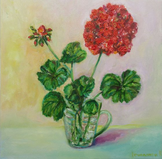 A Geranium Branch in a Glass Original Handmade Oil Painting Small Red Still Life Floral Blooming Gift for Home or Woman 30x30cm.