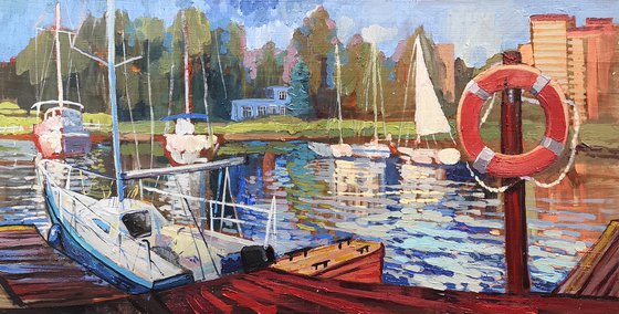 Yachts. Oil painting . Yacht-club. Summer landscape.