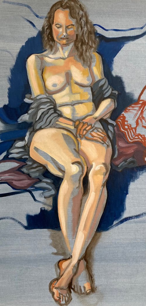 Sitting Nude with Scarf (Blue) by Tarja Laine
