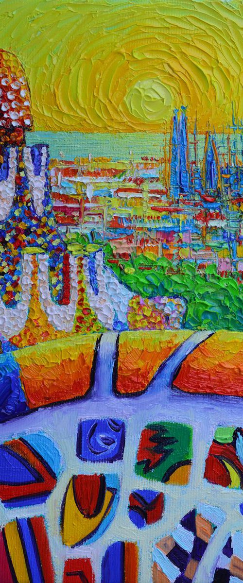BARCELONA MAGICAL SUNRISE FROM PARK GUELL - Sagrada Familia in sunrise light - modern impressionism abstract stylized cityscape palette knife oil painting by Ana Maria Edulescu by ANA MARIA EDULESCU