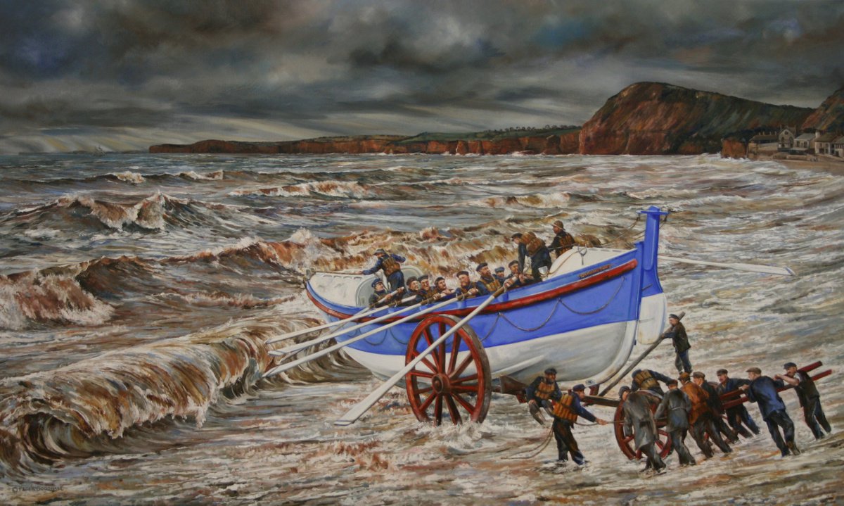 Landscape Oil Painting By Peter Goodhall, 47 X 31", Sidmouth Lifeboat Launch, 1872, Original Artwork