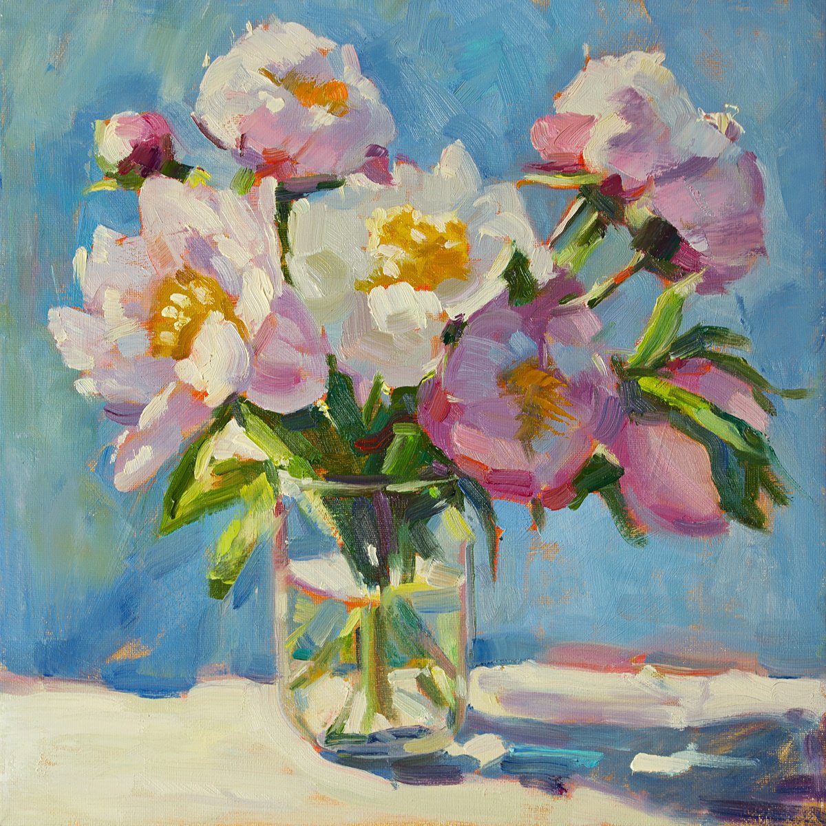 Impressionistic Still Life Oil Painting By Daria Zavadenko, 12 X 12, Peonies In Morning Light, Original Artwork