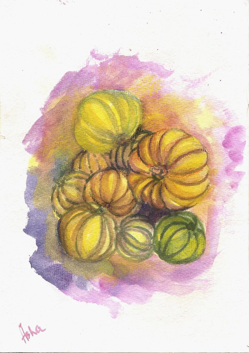 Halloween Pumpkin pile Watercolor and Pastels on paper 11.6x 8.25 by Asha Shenoy