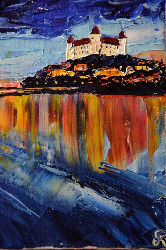 Night city Impasto OIL PAINTING on canvas Bratislava Castle in Slovakia, palette knife impressionistic art