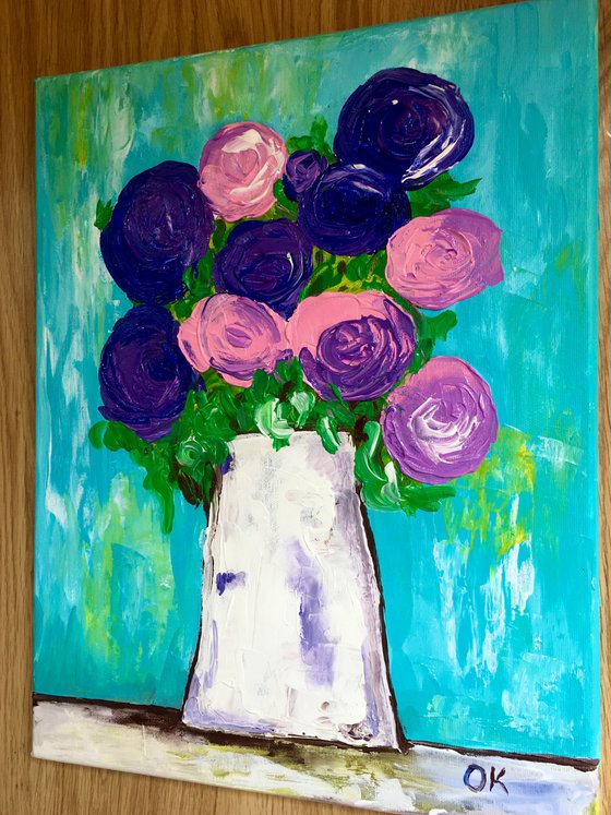 BOUQUET OF Purple and pink Roses  #7 palette  knife Original Acrylic painting office home decor gift