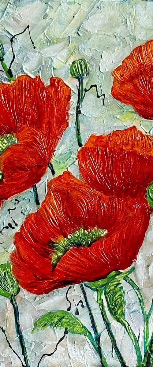 Red Poppy Blooms Contemporary Original Palette Knife Painting by Lena Owens