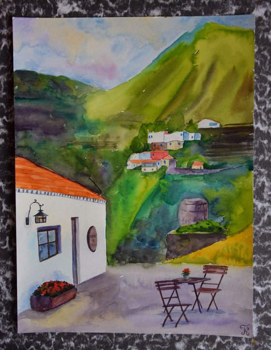 Spanish watercolor painting Cozy cafe in mountain village Masca on Canary Islands