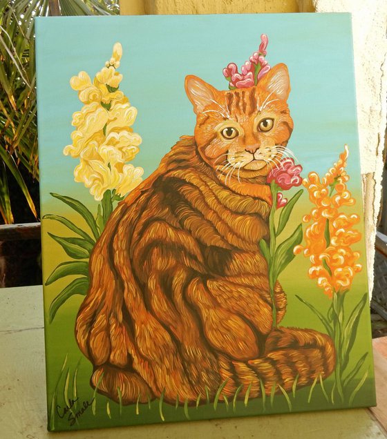 Orange Tabby Cat-Acrylic Gouache-16 x 20 Stretched Canvas-Carla Smale